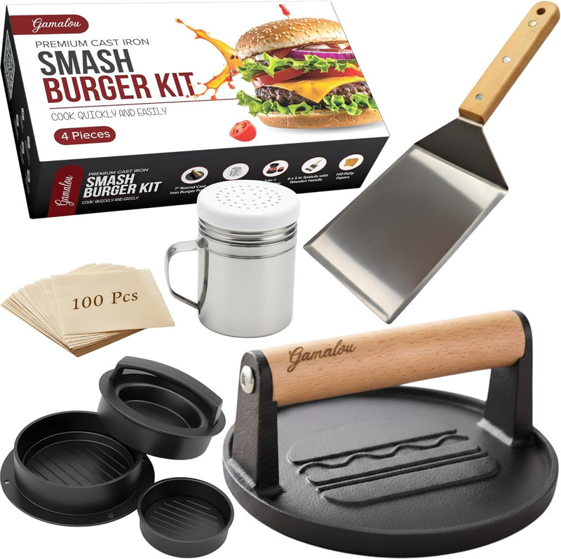Gamalou® Smash Burger Press Kit: 7” Cast Iron Flat Press, 3-In-1 Hamburger Maker gallery