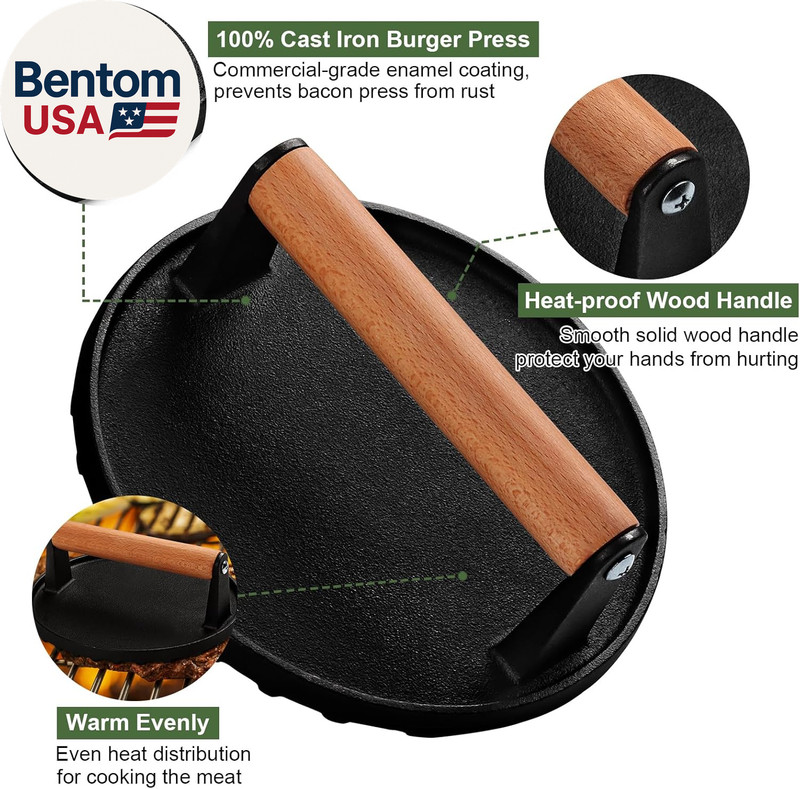 Burger Press, 7" round Heavy-Duty Cast Iron Smash Bacon Press Meat Steak with Wo gallery