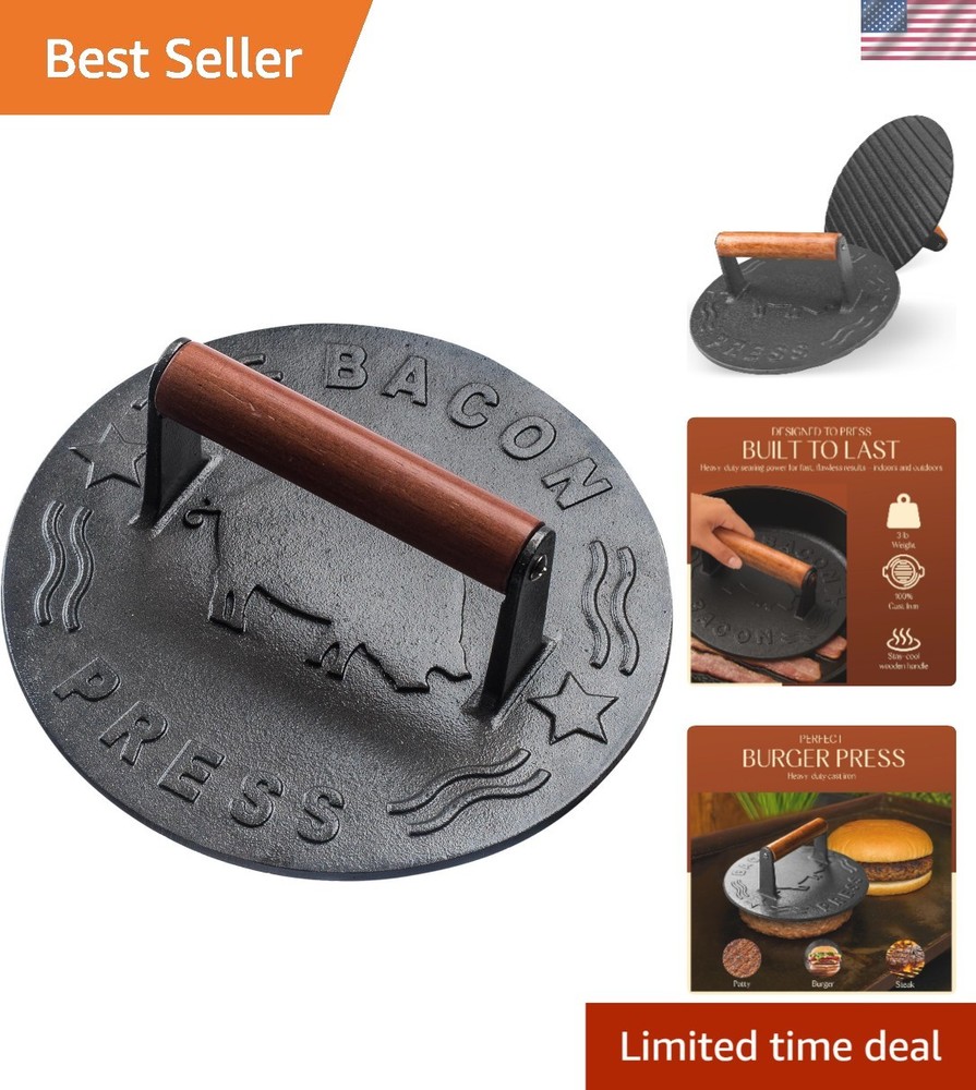 Durable 7-Inch Cast Iron Burger Press - Achieve Perfect Grill Marks Every Time