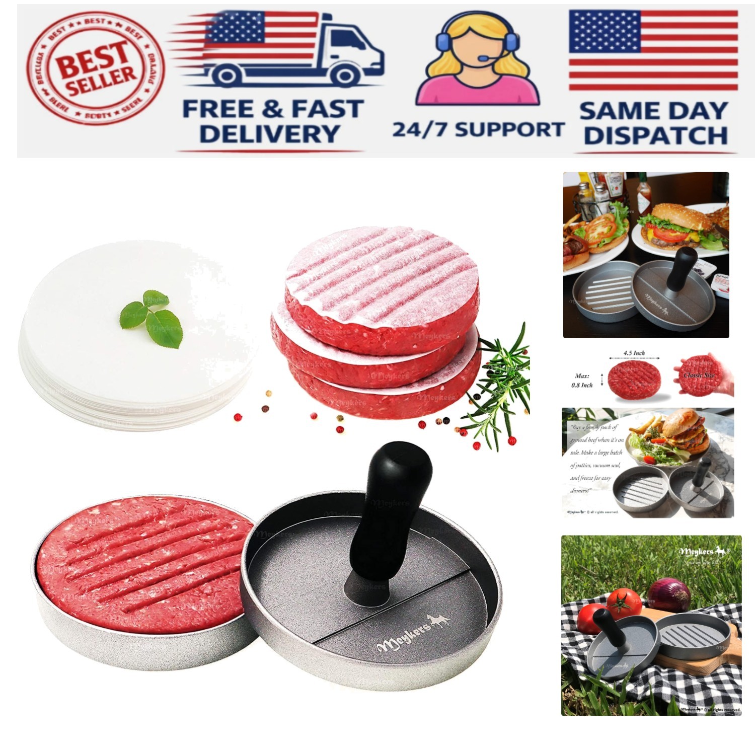 Compact Non-Stick Hamburger Press with Detachable Handle & 100 Patty Papers gallery