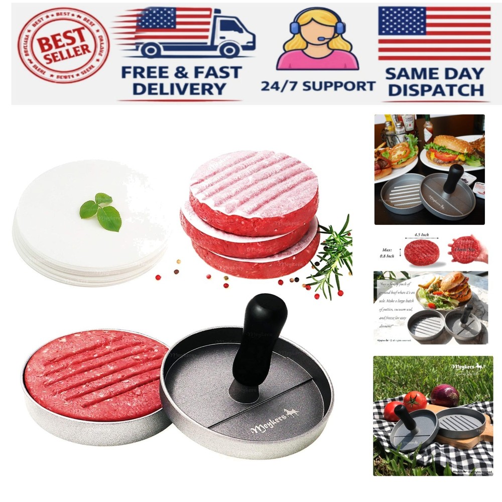Compact Non-Stick Hamburger Press with Detachable Handle & 100 Patty Papers