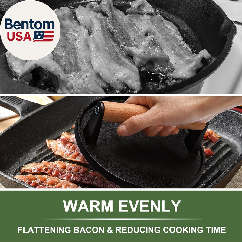 Burger Press, 7" round Heavy-Duty Cast Iron Smash Bacon Press Meat Steak with Wo gallery