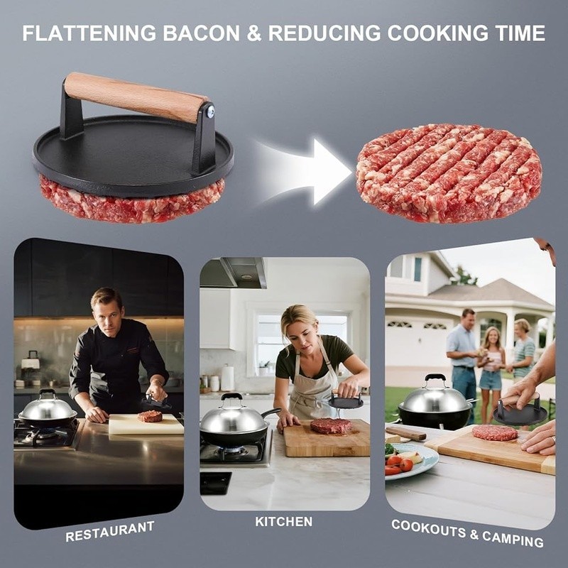 7 Inch Cast Iron Burger Press W/ 12.5 Inch Stainless Steel Melting Dome Set New gallery