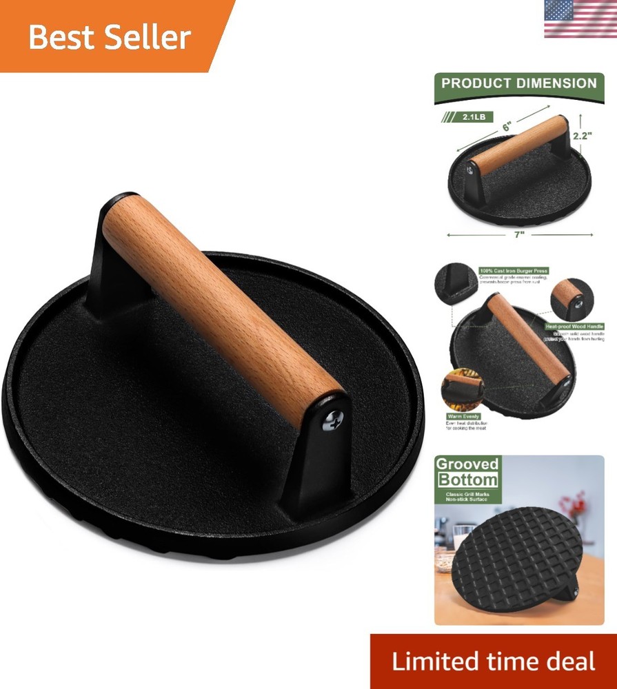 Heavy-Duty 7" Cast Iron Smash Press with Wooden Handle for Juicy Burgers
