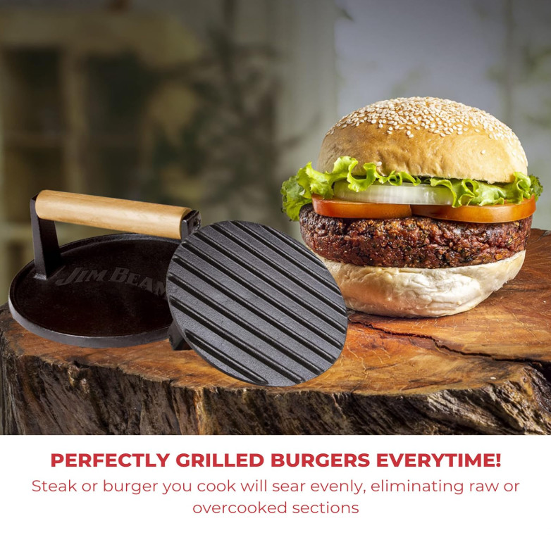 Jim Beam Cast Iron Burger Press JB0158 Black Wood Handle - 7'' gallery