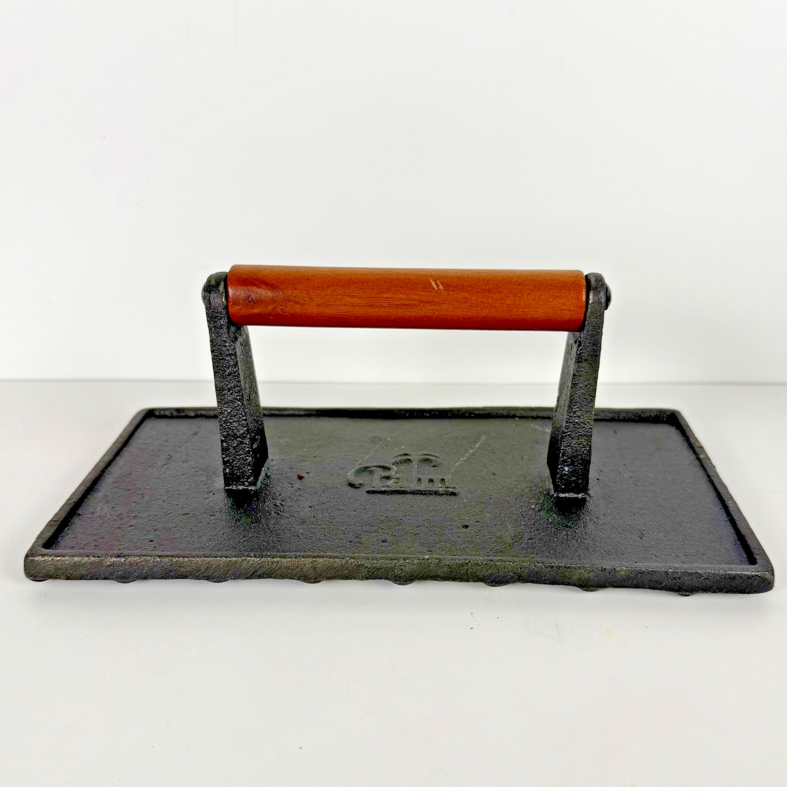 Vintage Palm Cast Iron Grill Press Bacon Press Steak Weight Wood Handle gallery