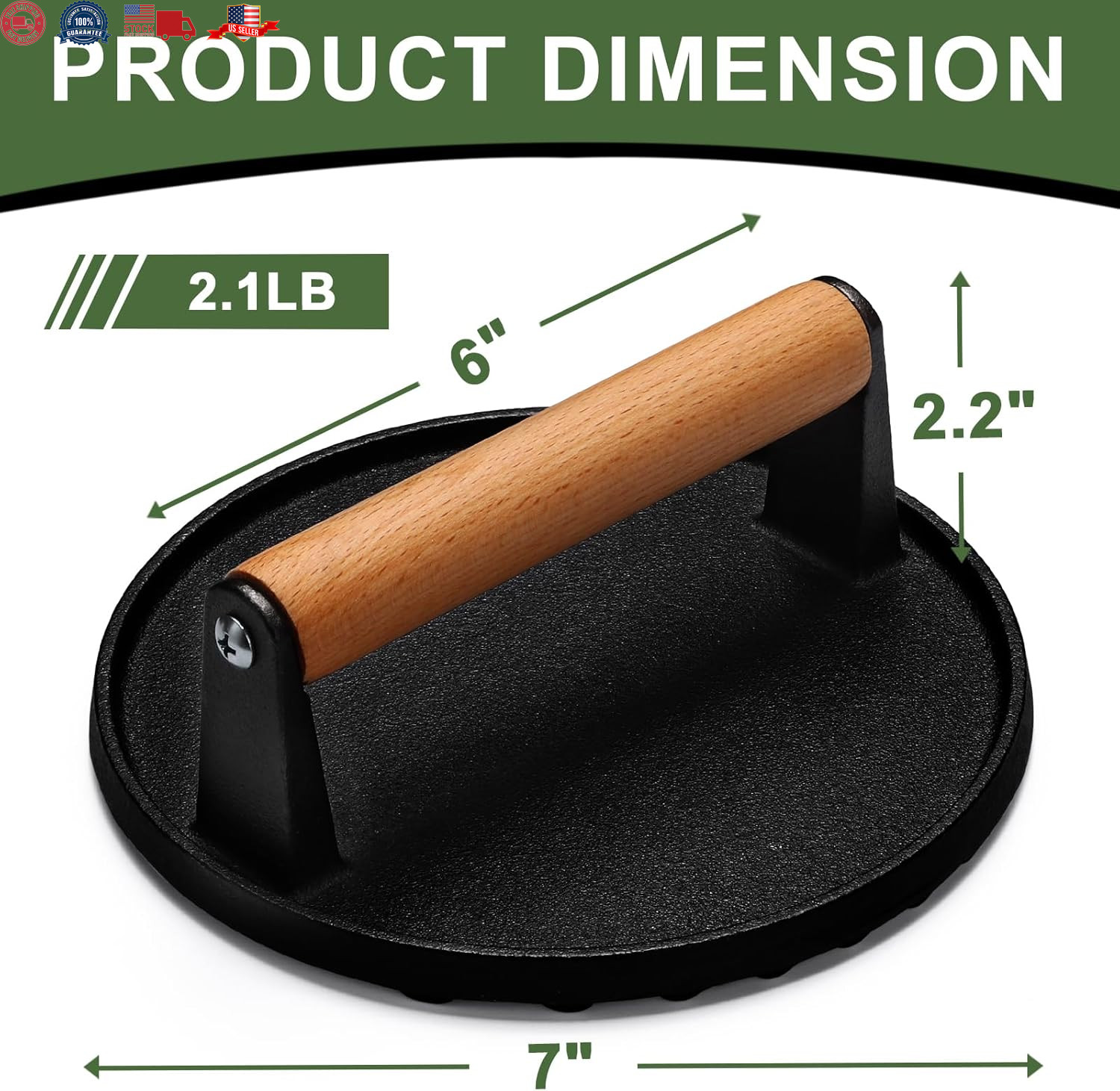 Burger Press, 7" round Heavy-Duty Cast Iron Smash Bacon Press Meat Steak gallery