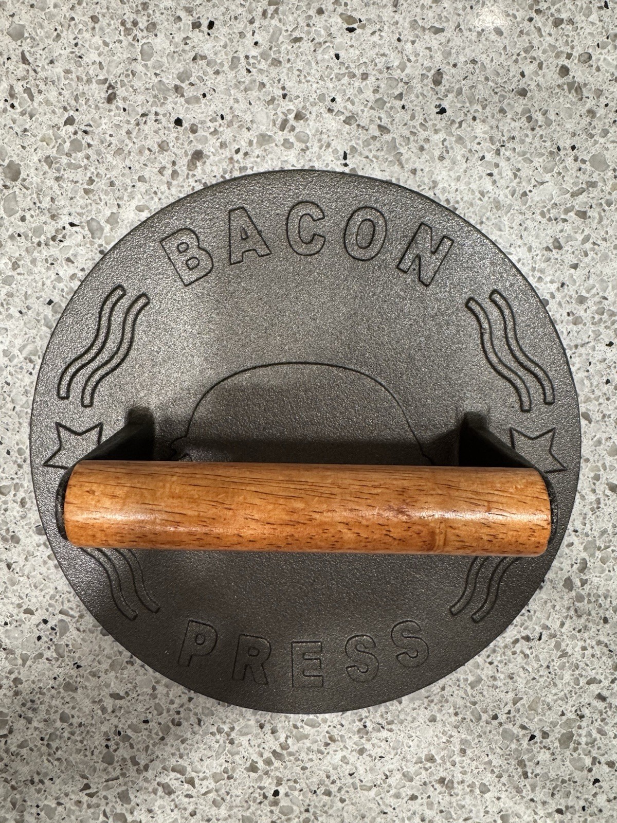 Cast Iron Ribbed Bacon Press w/ Wood Handle, Large 8.5 in Diameter gallery