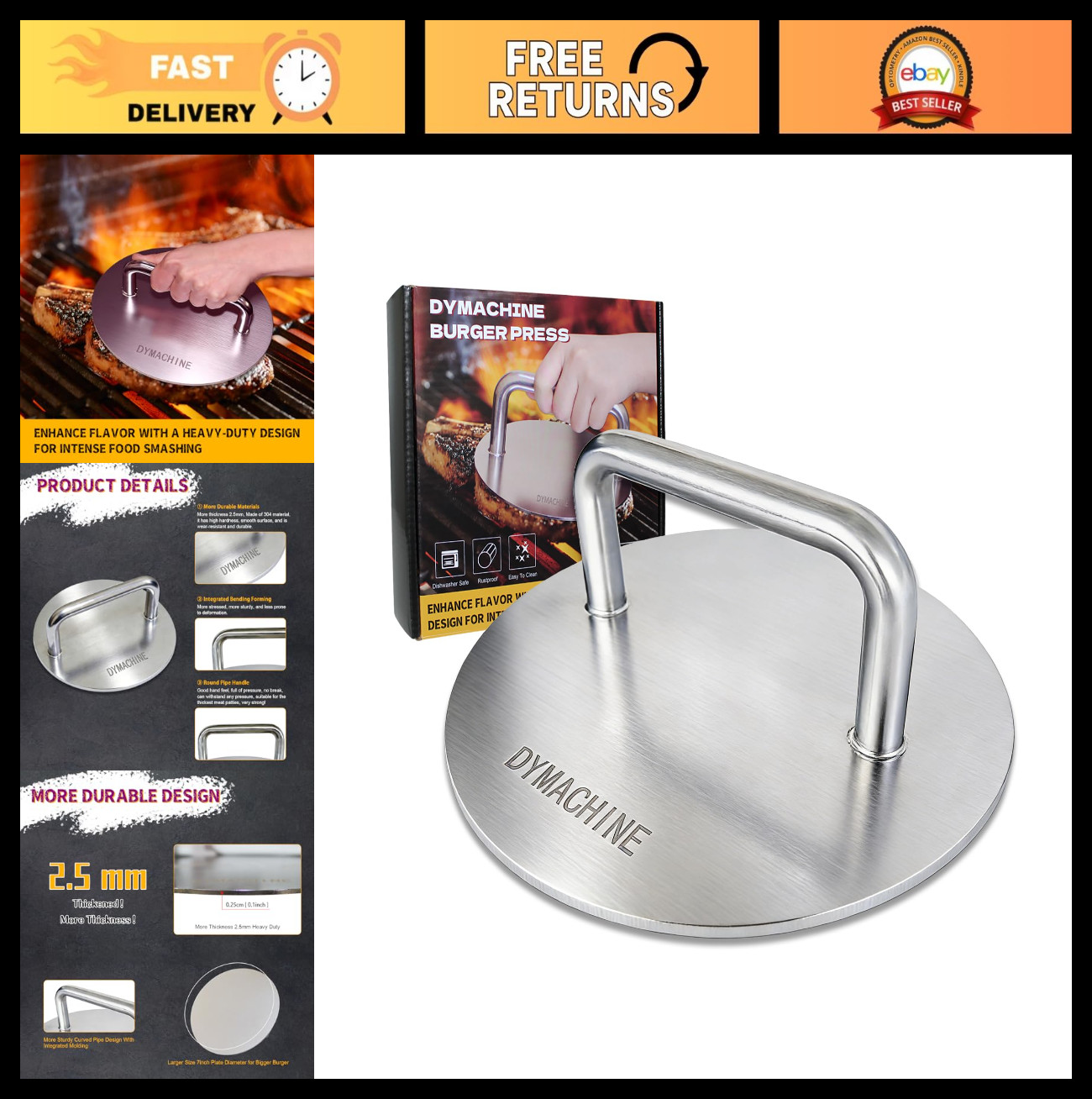 7" Stainless Steel Burger Press - Heavy Duty Non-Stick Smasher for Grilling Beef gallery
