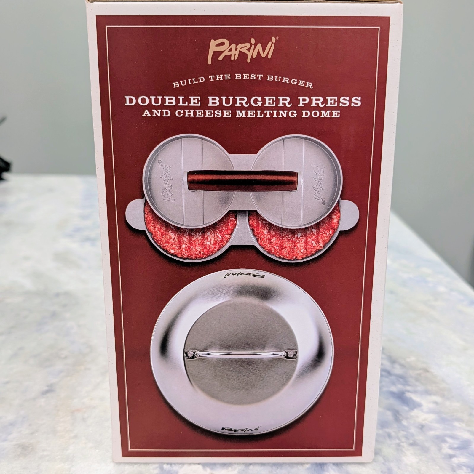 Double Burger Press And Cheese Melting Dome . Nonstick Stainless Steel NIB gallery