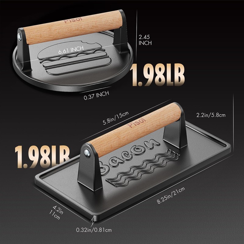 Pisol Smash Burger Press 2PCS, PreSeasoned Cast Iron Hamburger Smasher, Heavy... gallery
