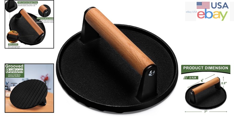 Heavy-Duty Cast Iron Burger Press with Wooden Handle for Griddle Cooking gallery