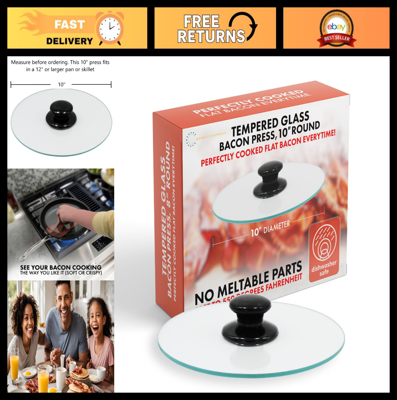 Round Glass Bacon Press & Splatter Shield - 10" for Perfect Flat Bacon Cooking! gallery