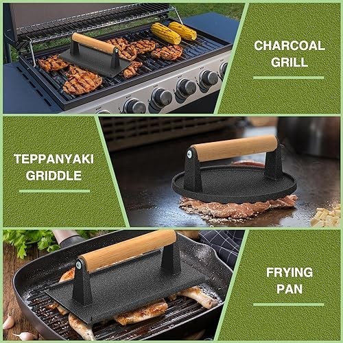 Cast Iron Burger Press 7 Inch Round 8.2x4.3 Rectangle Smash Bacon Griddle Grill gallery