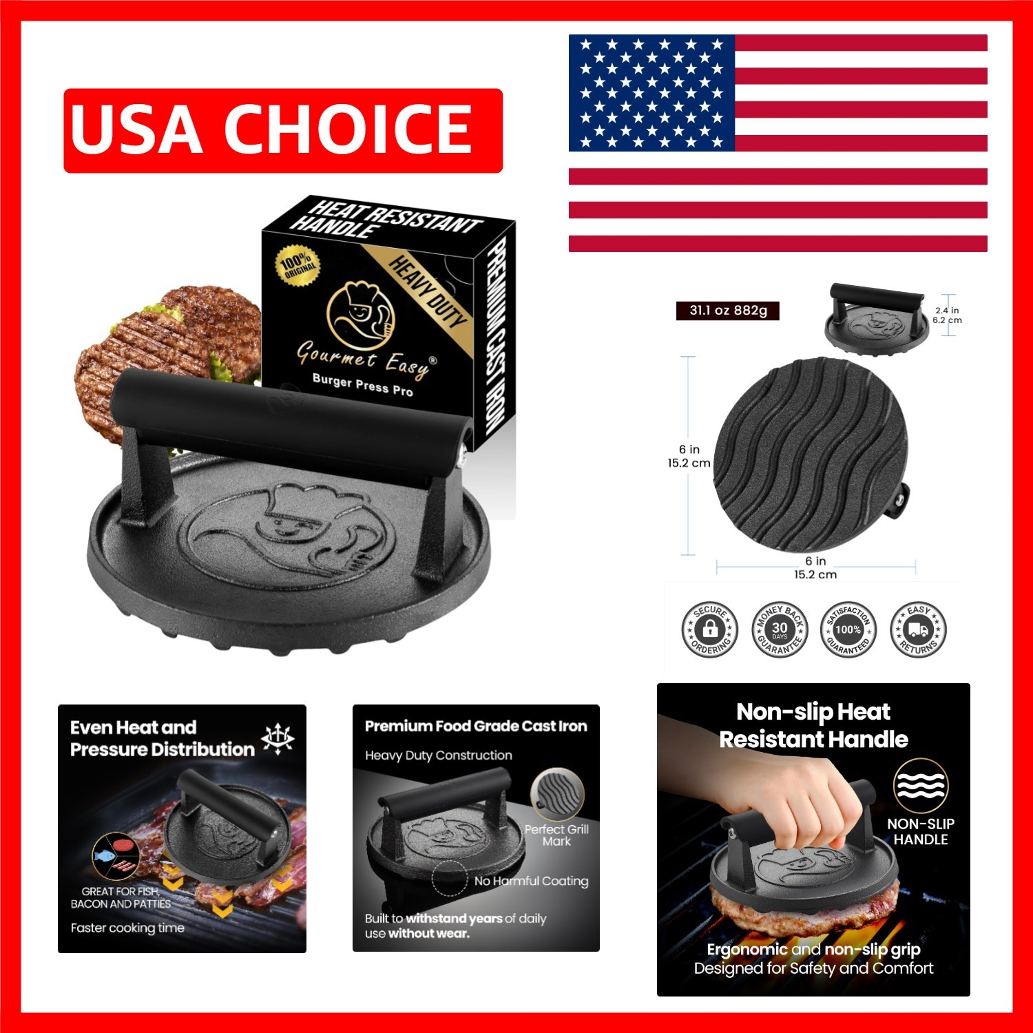 Ultimate 2 lb Cast Iron Hamburger Press - Safe and Flavorful Grilling Tool gallery