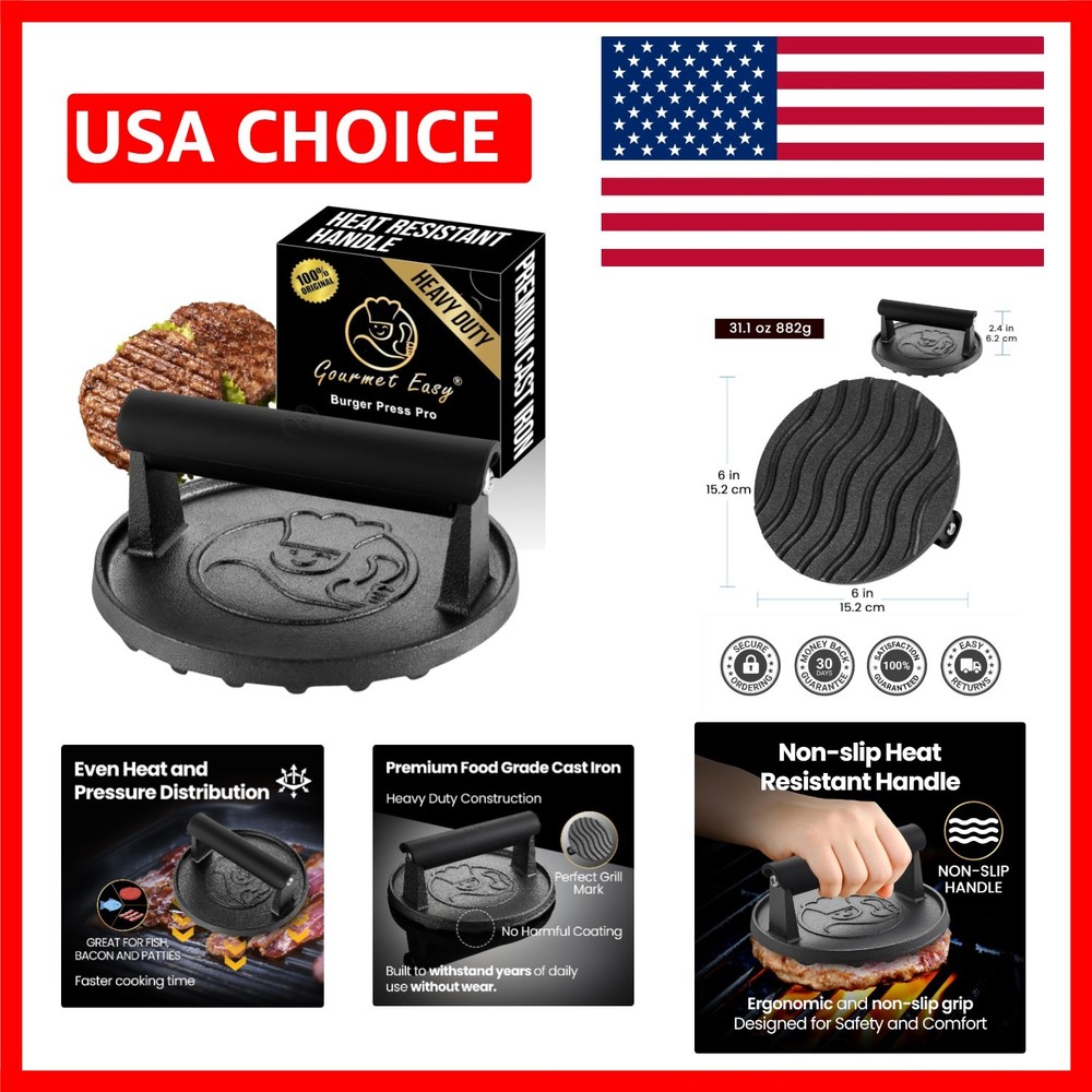 Ultimate 2 lb Cast Iron Hamburger Press - Safe and Flavorful Grilling Tool