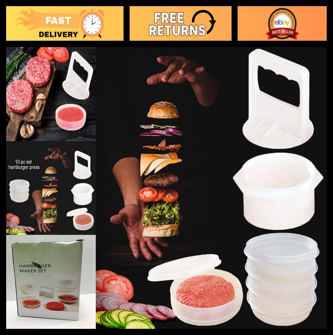 10-Piece Hamburger Press Patty Maker Set - Freezer Containers & BBQ Essential To gallery