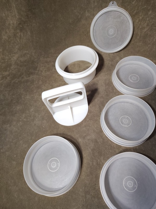 Vintage Tupperware 4" Hamburger Patty Press / Ring & 10 Freezer Keepers w/ Lid gallery