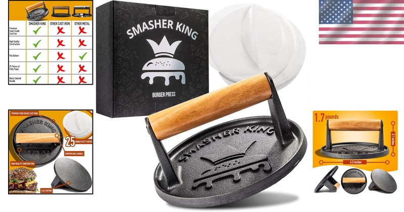 Versatile Cast Iron Burger Press and Smasher - Includes Parchment Paper Sheets gallery