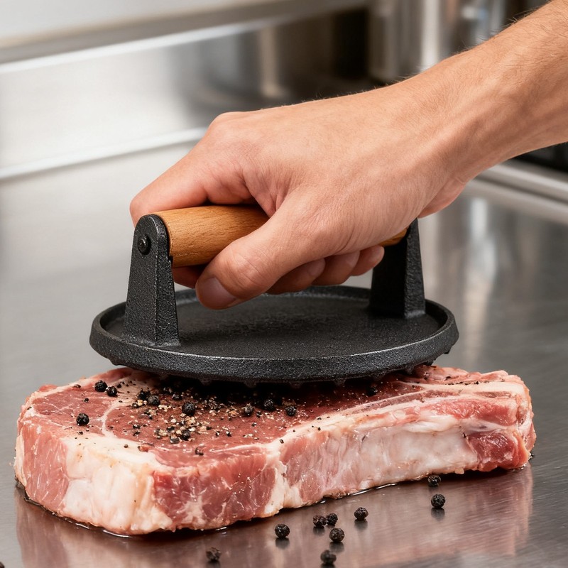 Iron Burger Press with Wood Handle Pressing Frying Pan Food Cooking Tools gallery