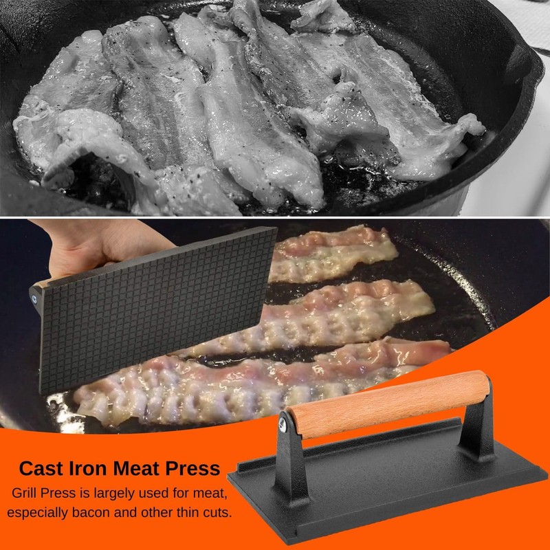 Cast Iron Grill Press Bacon Burger Meat Flattener Wood Handle 8.1x4.2in gallery