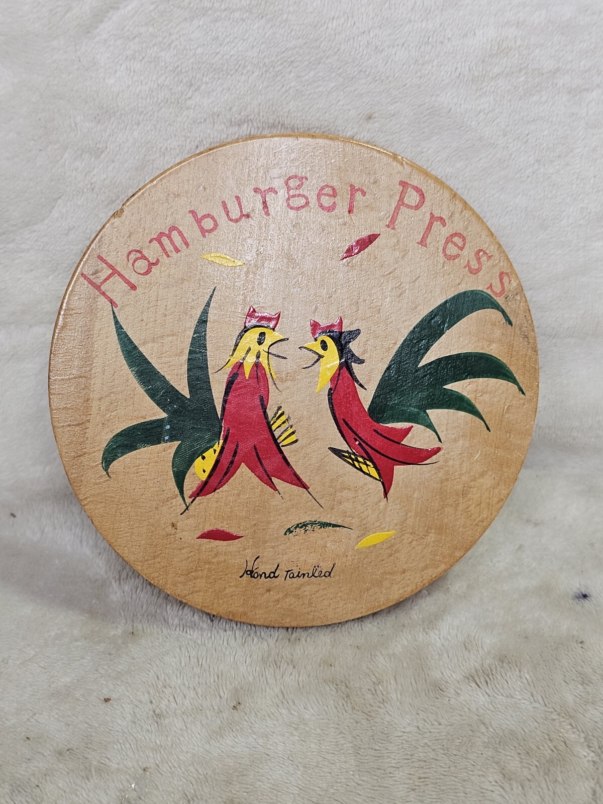 Vintage Fighting Roosters Hamburger Press Wood Hinged MCM Folk Art Kitchen Decor gallery