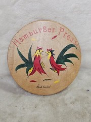 Vintage Fighting Roosters Hamburger Press Wood Hinged MCM Folk Art Kitchen Decor
