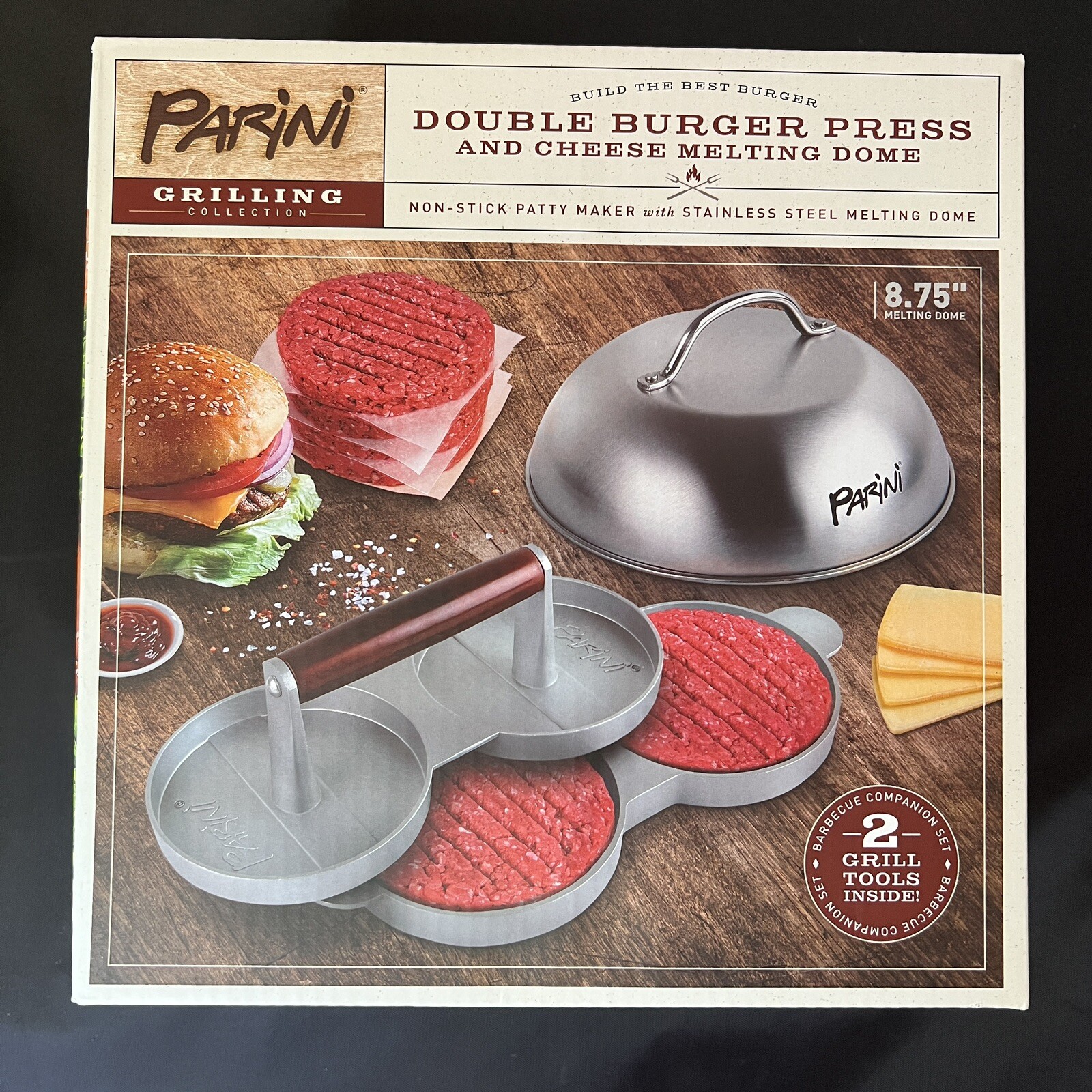 Parini Double Non-Stick Burger Press & Cheese Melting Dome 8.75" NIB gallery