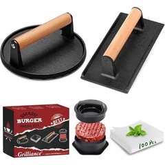 Cast Iron Burger Press Set 5pcs Smasher Patty Maker Grill Tools 100 Papers New