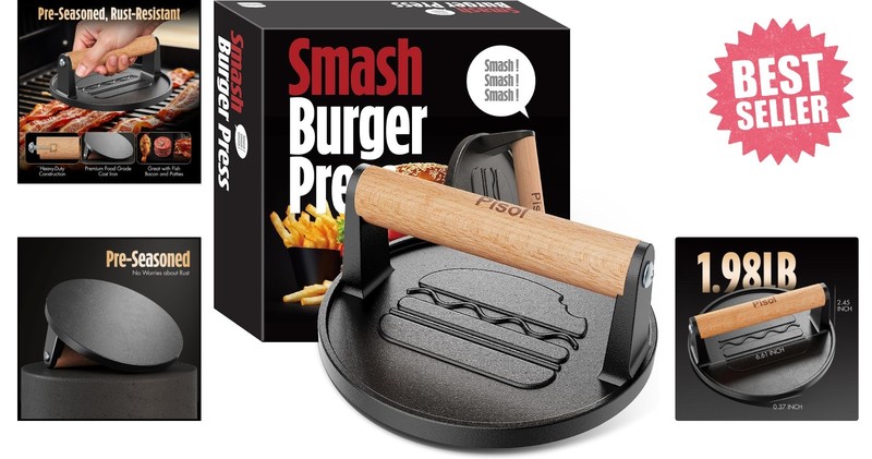 Multi-Use 6.6'' Cast Iron Hamburger Smasher with Wooden Handle - High Efficiency gallery