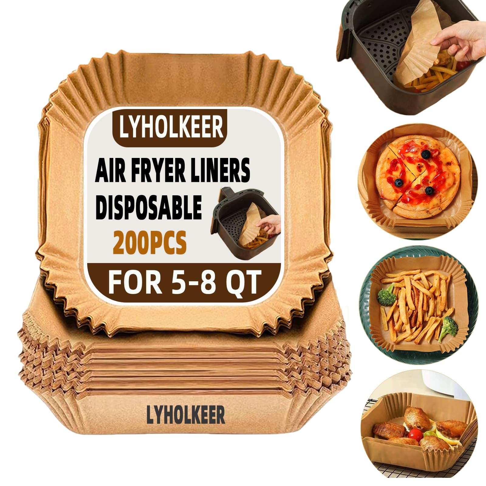 Air Fryer Liners Disposable,200Pcs Parchment 200PCS 8in Square, Brown gallery