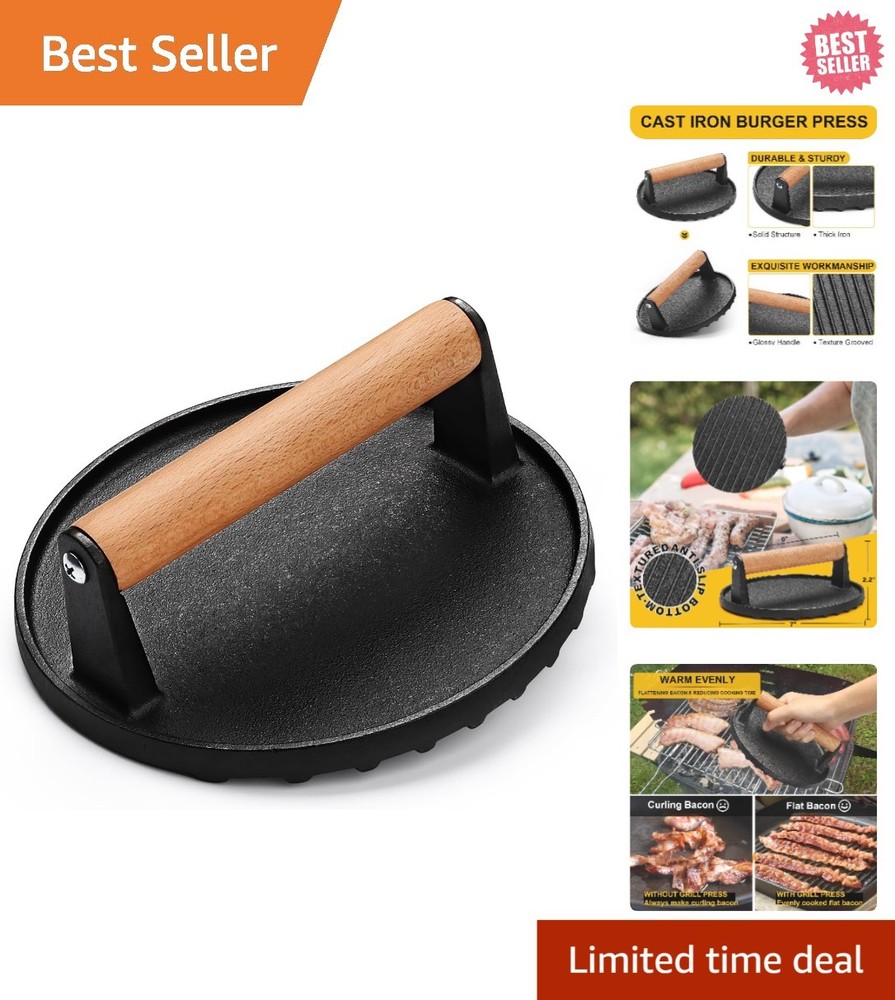 Heavy Duty 6.9-Inch Cast Iron Grill Press with Wood Handle - Perfect for Bacon