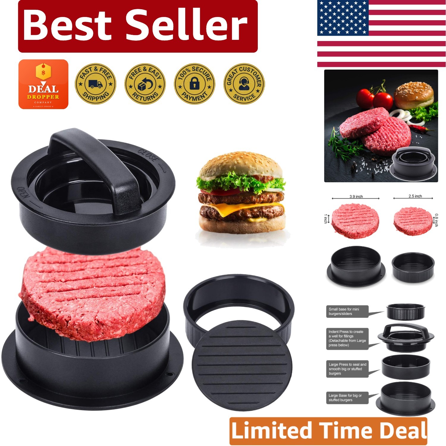 Non-Stick Burger Press with 100 Patty Papers - Create Perfect Sliders & Burgers gallery