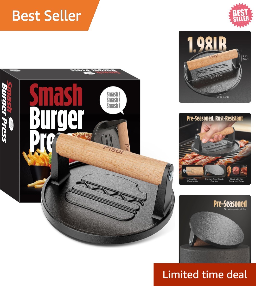 Multi-Use 6.6'' Cast Iron Hamburger Smasher with Wooden Handle - High Efficiency gallery