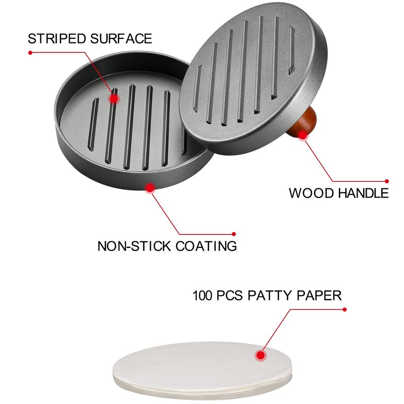 Burger Patty Maker Stainless Steel Hamburger Patty Mold Wood Handle NonStick ... gallery