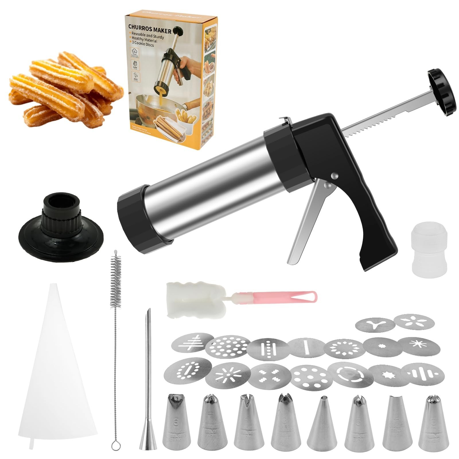 Churro Maker Machine, 3-in-1 Stainless Steel Churro Gun Kit - 16 Discs&8 Tips... gallery