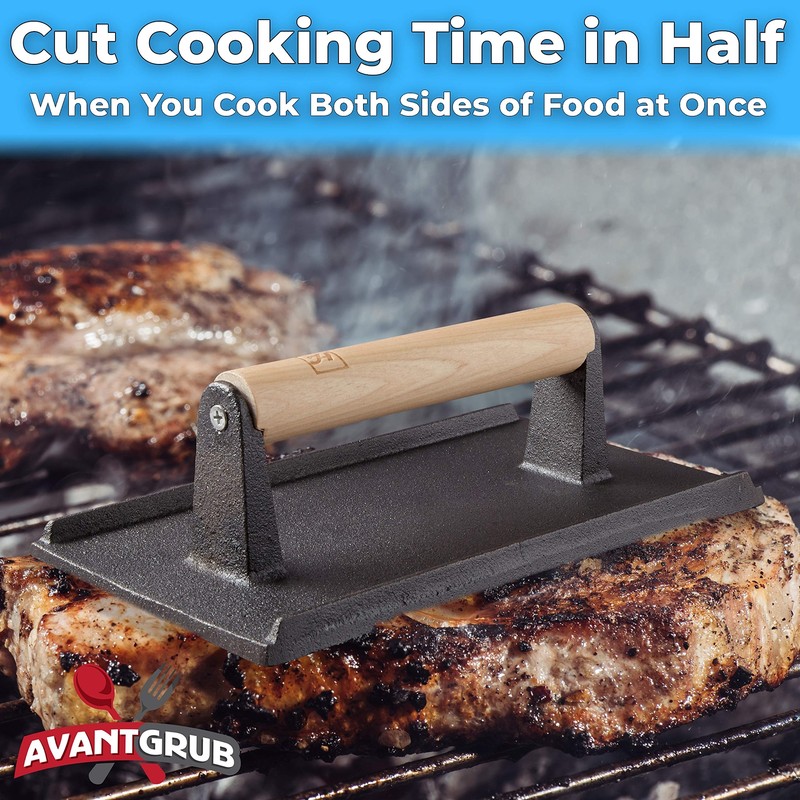 Pro Grade Cast Iron Grill Weight Press Heavy Duty Steak Burger Wood Handle gallery