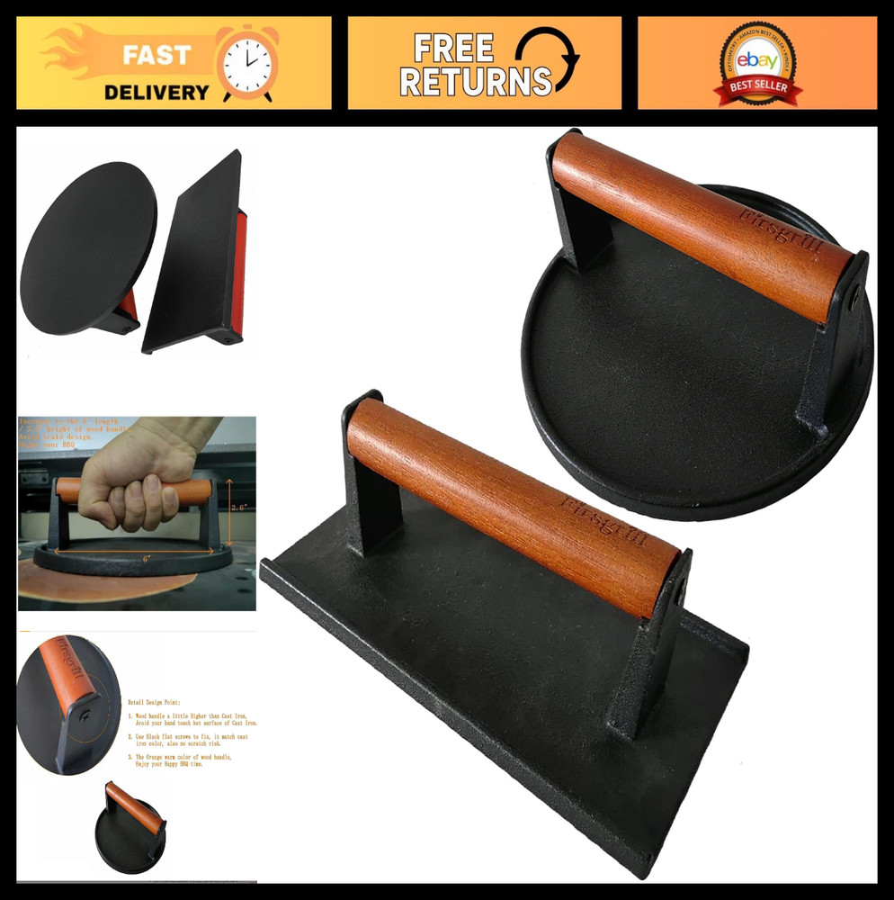 Heavy-Duty Cast Iron Burger Press Set - Round & Rectangle for Griddle Cooking