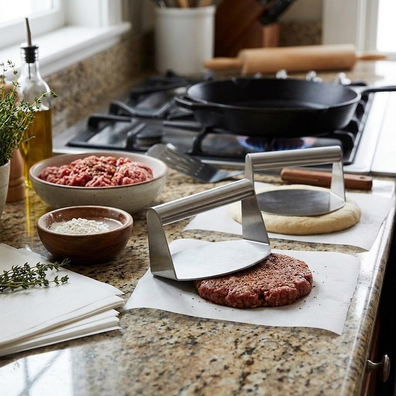 Stainless Steel Flat Burger Press - For Evenly Cooked Patties gallery