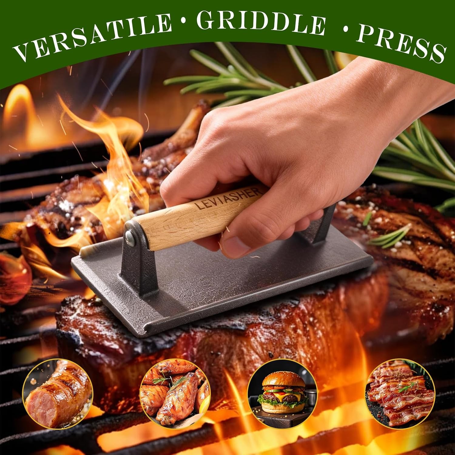 2Pack 2.1lb Steak Weight & Burger Press Striped Base 7"X4" Heavy Duty Cast Iron gallery