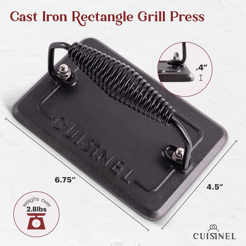 Grill Press - Cast Iron Burger Press for Bacon, Steak & Hamburgers - 6.75" X 4.5 gallery