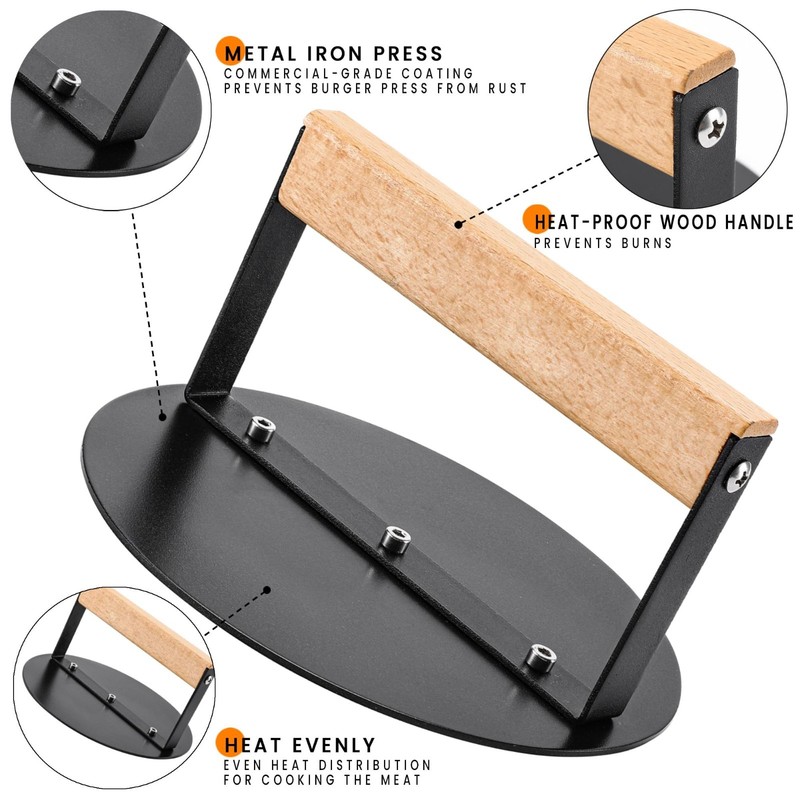 Burger Smasher 6 Inch, Grill Press For Patties Bacon Steak, Wood Handle gallery