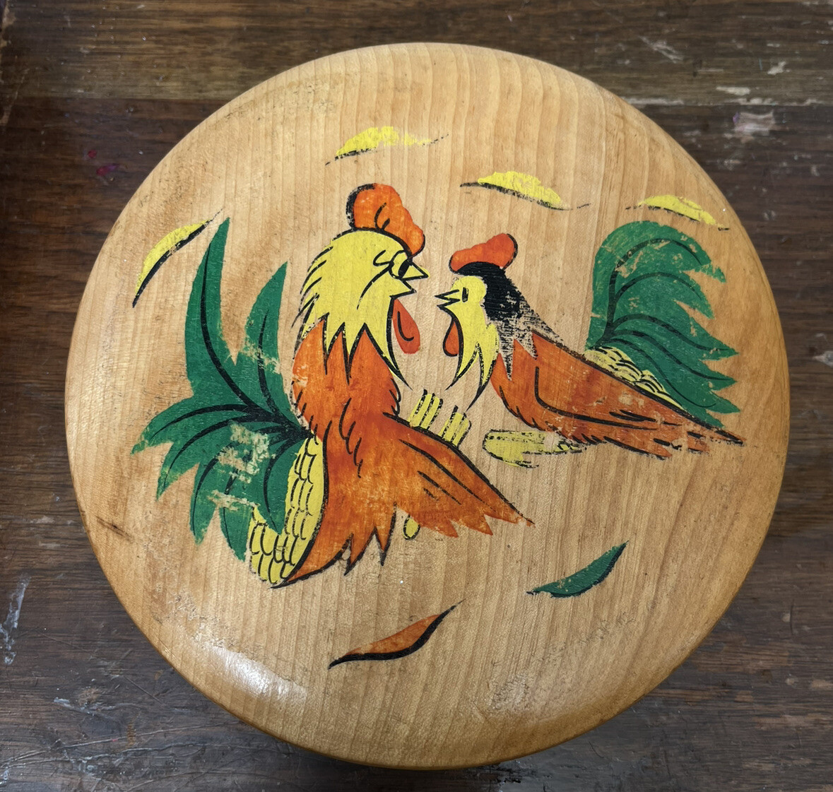 Vintage Wood Hamburger Press Folk Art Hand Painted Red Roosters 6” Hinged Japan gallery