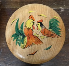 Vintage Wood Hamburger Press Folk Art Hand Painted Red Roosters 6” Hinged Japan