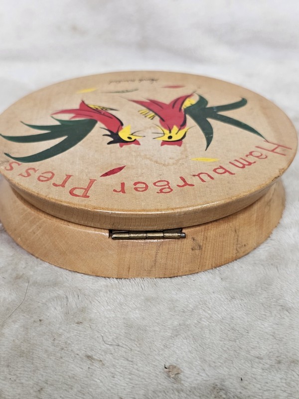 Vintage Fighting Roosters Hamburger Press Wood Hinged MCM Folk Art Kitchen Decor gallery