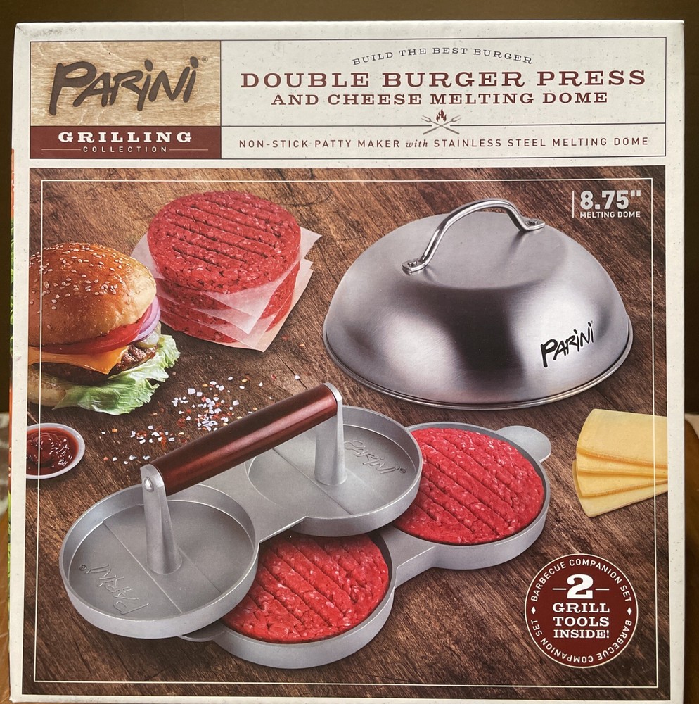 Parini Double Non-Stick Burger Press & Cheese Melting Dome 8.75" NIB. “A1”