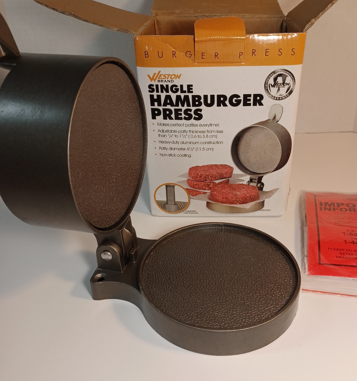 Weston Hamburger Press Makes 4.5" Patties 1/4" to 1.5" Thick Non-stick NEW gallery