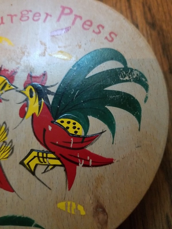 Vintage Fighting Rooster Hamburger Press Wooden Hand Painted Japan gallery