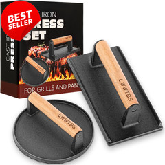 Cast Iron Burger Press Set Round Rectangle Steak Weight Wood Handle Griddle – US