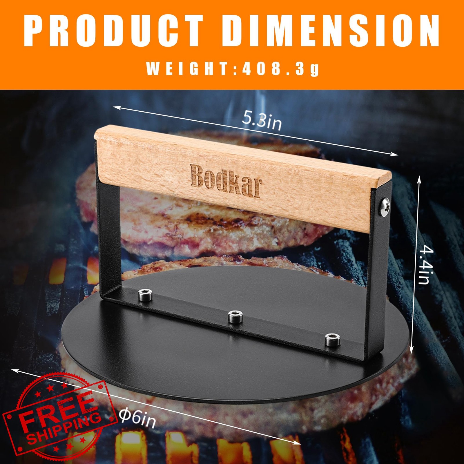 bodkar 6" Smash Burger Press Black Wood Handle gallery